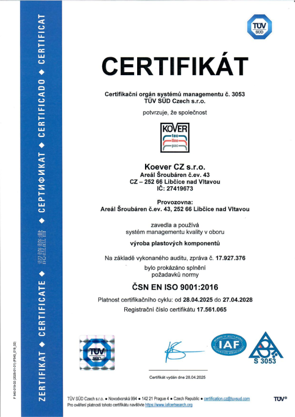 Certifikát ČSN EN ISO 9001:2016